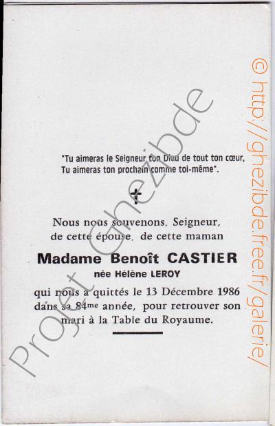 Hlne Leroy veuve de Benot Castier, dcde  Godewaersvelde, le 13 Dcembre 1986 (83 ans).